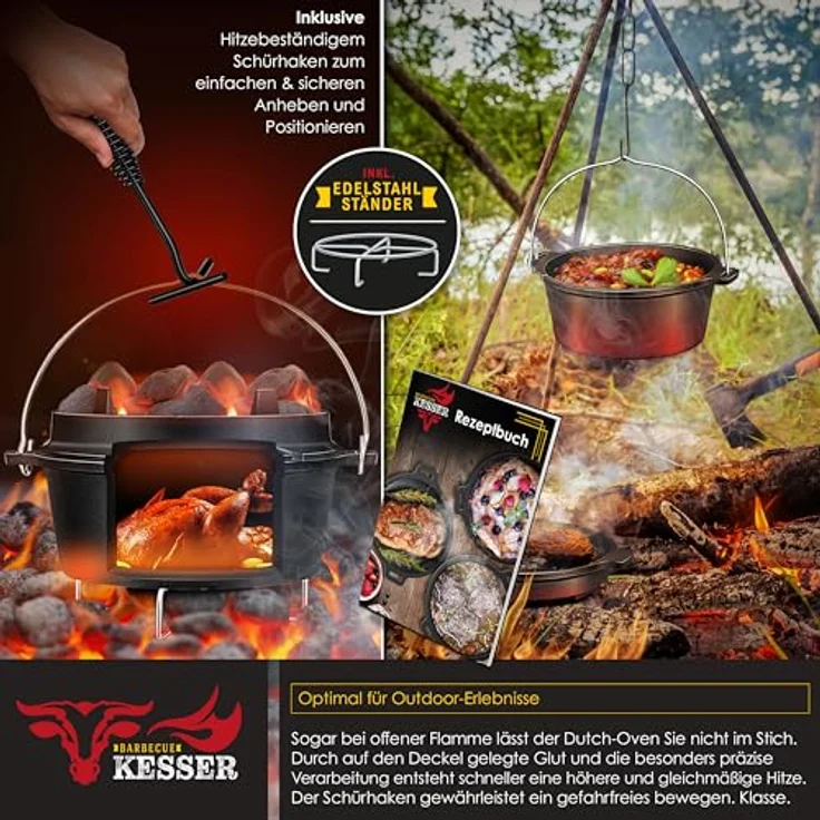 KESSER Dutch Oven Set BBQ 9 Liter, Gusseisen Feuertopf mit Edelstahluntersetzer, für Outdoor & Indoor, hitzebeständiger Deckelheber und Thermometer-Schlitz – Bild 5