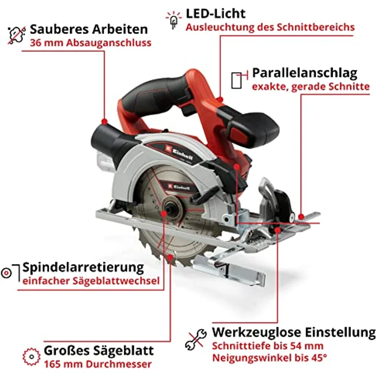 Einhell TE-CS 18/165-1 Li Power X-Change PXC - Solo Akku-Handkreissäge 165mm ohne Akku, inkl. Trennscheibe 18V – Bild 3