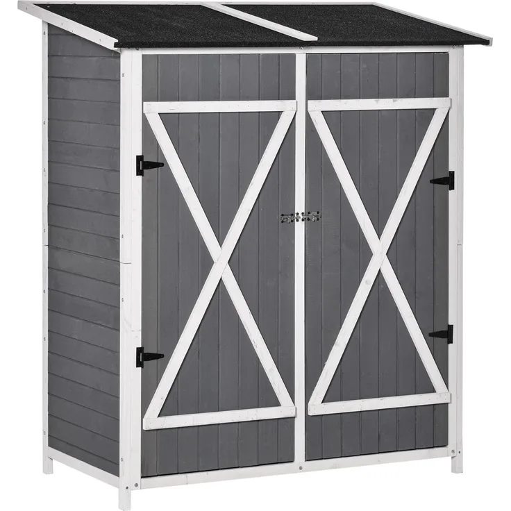 Northio Geräteschuppen Gartenschrank, 2 Türen, Tannenholz Grau+Weiß, wetterfest, mit Asphaltdach, 139x75x160 cm