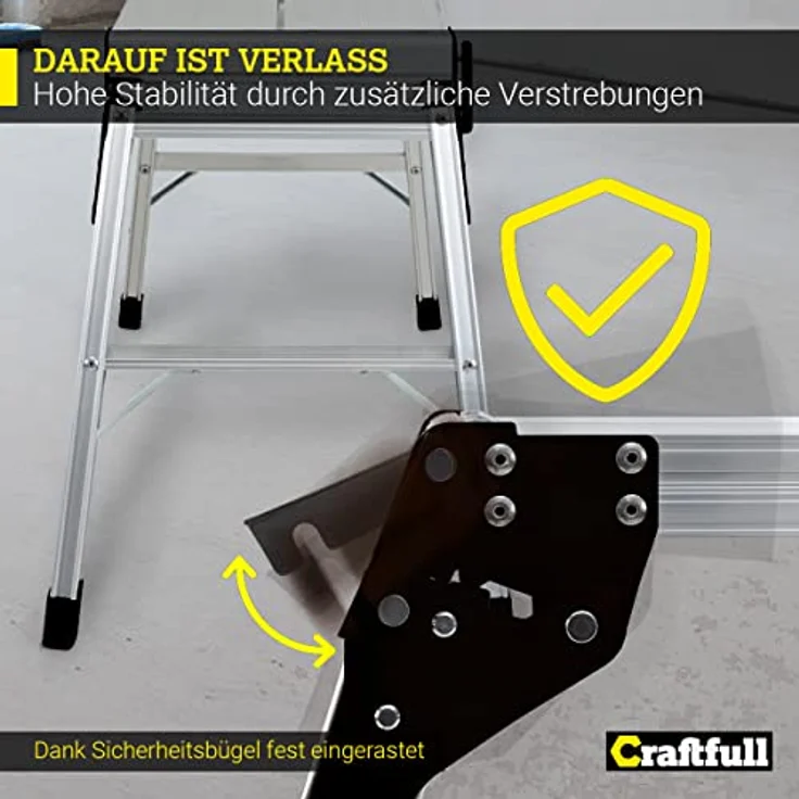 𝐂𝐑𝐀𝐅𝐓𝐅𝐔𝐋𝐋 Arbeitsplattform CF-107A | 𝟑 𝐉𝐀𝐇𝐑𝐄 𝐆𝐀𝐑𝐀𝐍𝐓𝐈𝐄 - Alu Leiter - Klappbar - Bis 150kg - Arbeitsbühne mit Plattform - Trittleiter - Werkbank - Klappleiter (Silber/Schwarz) – Bild 4