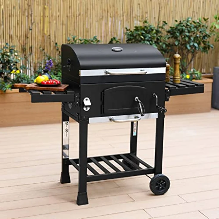 Alice's Garden Holzkohlegrill Bernard Schwarz - Räuchergrill mit Aschesammler, Belüftern, verstellbarem Holzkohlebehälter und Klappregalen - Schwarz – Bild 2