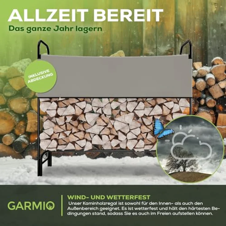 GARMIO® Kaminholzregal Metall 130x30x117cm, Brennholzregal mit pulverbeschichtetem Stahlrahmen, wetterfest für Indoor und Outdoor, einfache Montage – Bild 3