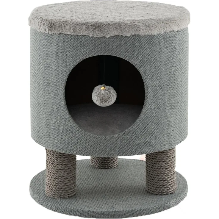 KOMFOTTEU Katzentoilette, Katzenhaus mit Plüschliegefläche, Spielball, moderner Fußhocker, grau/beige