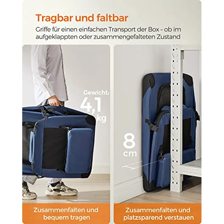 Feandrea Hundebox faltbar, Transportbox Hund, Größe XL, Hundetasche, Oxford-Gewebe, Netzstoff, atmungsaktiv, tragbar, transportabel, Metallrahmen, mit Griffen, Taschen, 81 x 58 x 58 cm, dunkelblau – Bild 3