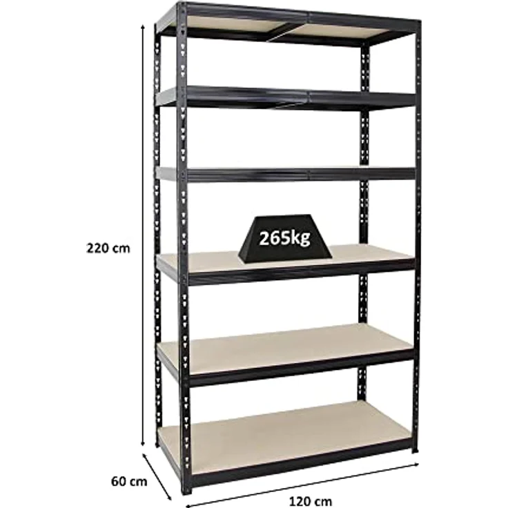 PROREGAL Schwerlastregal Giant Tiger XL, Schwarz, 220x120x60 cm, 6 Ebenen, Fachlast 265 kg, Gesamtlast 1590 kg, Made in EU – Bild 2