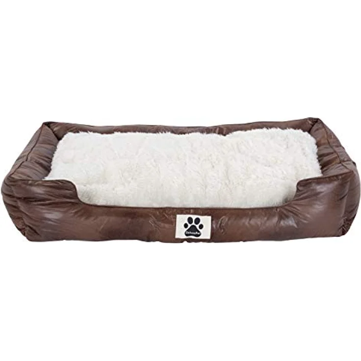M&L Handel DeluxePet 'Schlummer' Hundebett braun 80x60 aus Kunstleder mit 2in1 Wendekissen, Hundekissen für große Hunde mit Einer Fell und Leder Seite, Seiten weich gepolstert, Anti-Rutsch Rückseite – Bild 5