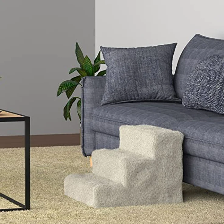 Juskys Haustiertreppe Hundetreppe 36 cm - Treppe 3 Stufen Plüsch-Bezug waschbar - Katzentreppe Hunderampe für Bett, Sofa, Couch und Auto - Bezug Beige – Bild 2