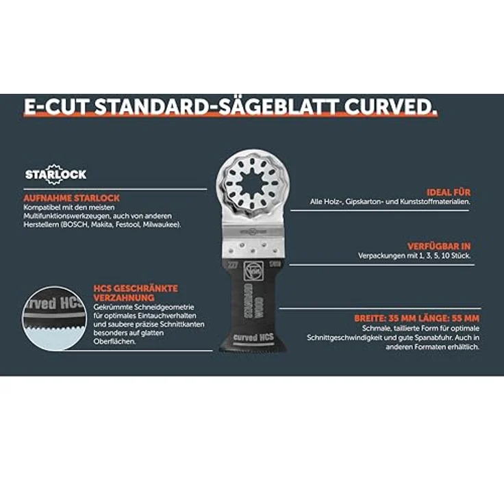 FEIN 63502227210 E-Cut Standard Sägeblatt (Curved, LxB 55 x 35 mm, Aufnahme SL, für SuperCut Construction, MultiMaster, MultiTalent) – Bild 9