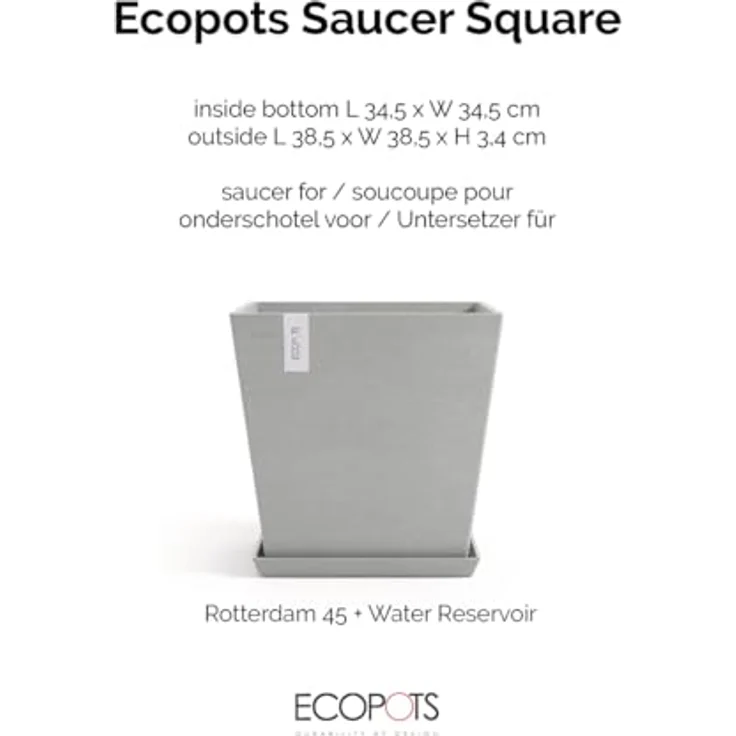 Ecopots Rotterdam Kasten-Untersetzer, quadratisch aus Kunststoff, 38,5 x 38,5 x 3,4 cm, in Weißgrau – Bild 2