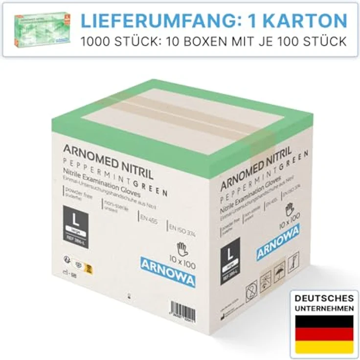 ARNOMED Einweghandschuhe L, 1000 Stk (10x100), grüne Nitrilhandschuhe, puderfrei, lebensmittelecht, latexfrei, hocherer Standard EN 455 & EN 374 – Bild 2