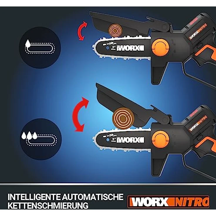 WORX WG325E NITRO Profi Mini Kettensäge 20V - Einhand Kettensäge - leistungsstarke bürstenloser Motor - 12cm Schwertlänge - leicht & kompakt - automatische Kettenschmierung -inkl. 2Ah Akku & Ladegerät – Bild 3