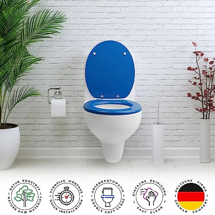 Sanfino WC Sitz Deep Blue, Toilettendeckel aus Holz mit Absenkautomatik und verchromten Metallscharniere, 43,5 x 37,5 cm – Bild 4