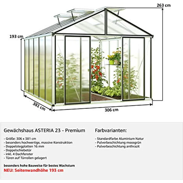 GFP Gewächshaus Asteria 23 Premium 311x385 cm mit integriertem Fundament, 16 mm Doppelstegplatten, Moosgrün – Bild 3
