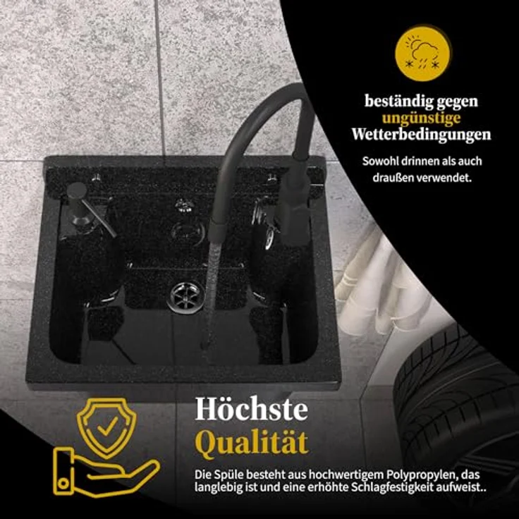 Granitan Kunststoffspüle LOMA - Ausgussbecken Waschtrog mit Siphon - Wandmontage 42x34x24 cm, Waschebcken Set in verschiedenen Farben – Bild 9