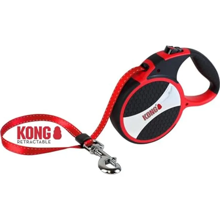 KONG ausrollbare Hundeleine in 7,5m Länge I Für große Hunde bis 50kg I Größe L I Hochwertige Rollleine mit Break & Lock System in rot I komfortable Leine mit Softgriff & reflektierendem Gurt
