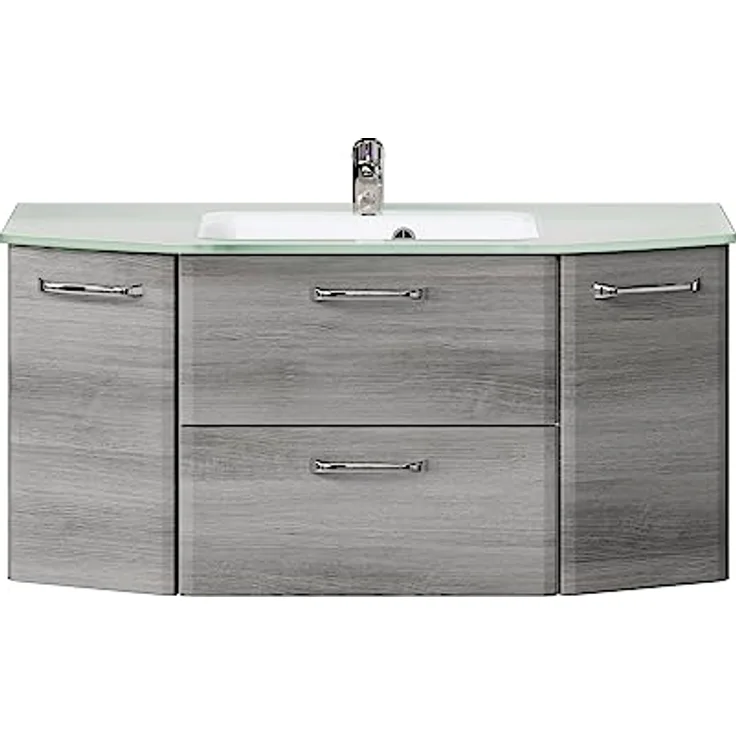 Pelipal Waschtischunterschrank Quickset 328 mit Waschtisch in Graphit Struktur Quer Nachbildung, 112 cm breit | Waschplatz mit 2 Drehtüren, 1 Klappe und 1 Auszug, Mittel