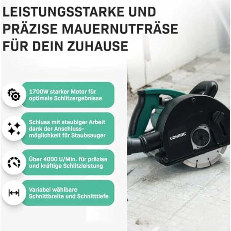 VONROC Mauernutfräse mit Absaugung [1700W], Schlitzfräse für Kabelnut [14/19/29mm], Schnittiefe [4-40mm], inklusive 2 Diamantscheiben – Bild 2