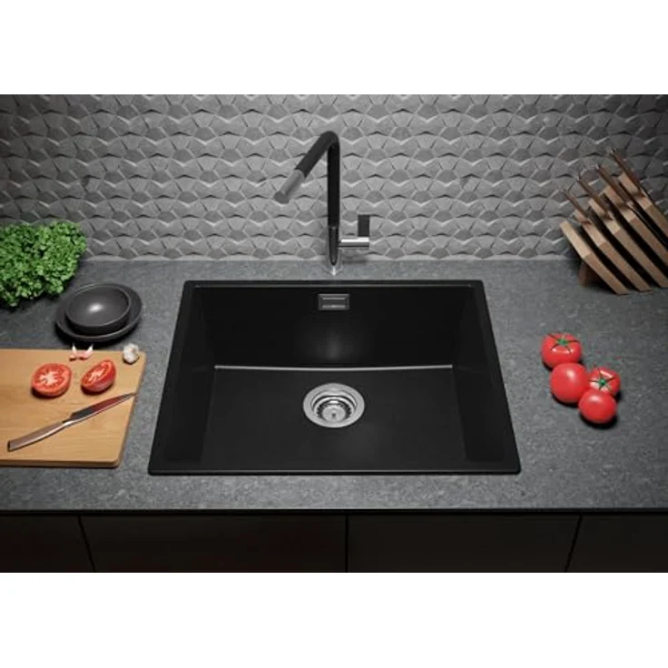 Primagran Spülbecken Schwarz 56x47cm, Granitspüle 1 Becken, hitze- und schlagresistent - London Slim, inkl. Ablauf-Set – Bild 3
