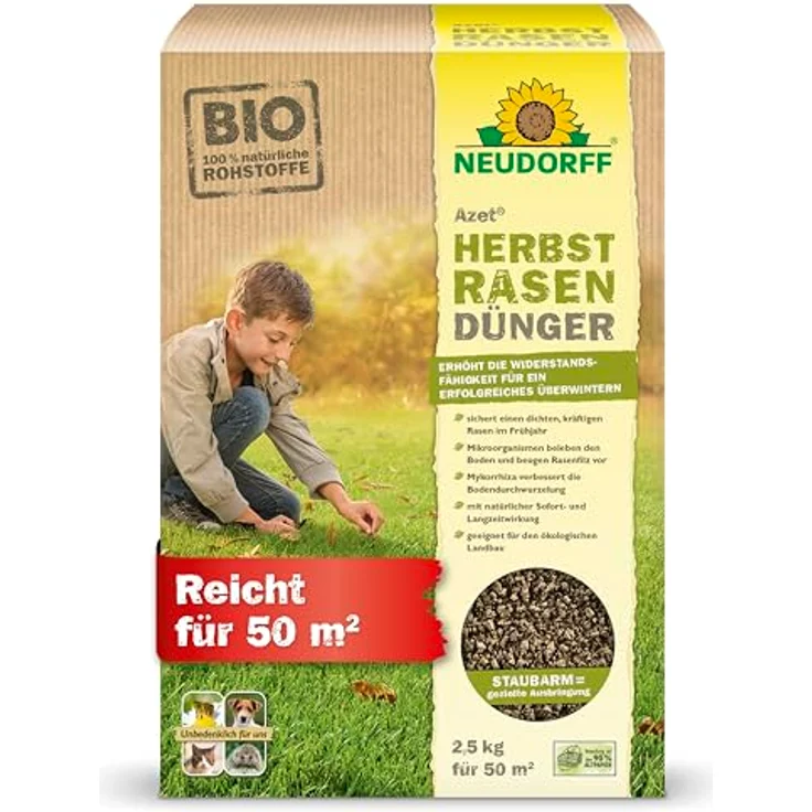 Neudorff Azet HerbstRasenDünger, Organischer Bio-Dünger für 50 m² mit hohem Kaliumgehalt zur Stärkung der Frosthärte, 2,5 kg – Bild 1
