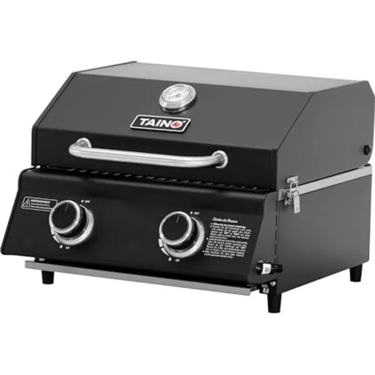 TAINO PLATINUM COMPACT DARK Tischgrill 2 Brenner Gasgrill Kompakt Camping Mini Grill Tragbar BBQ, 2 Hauptbrenner aus Edelstahl, Temperaturanzeige, Edelstahl Grillrost – Bild 1