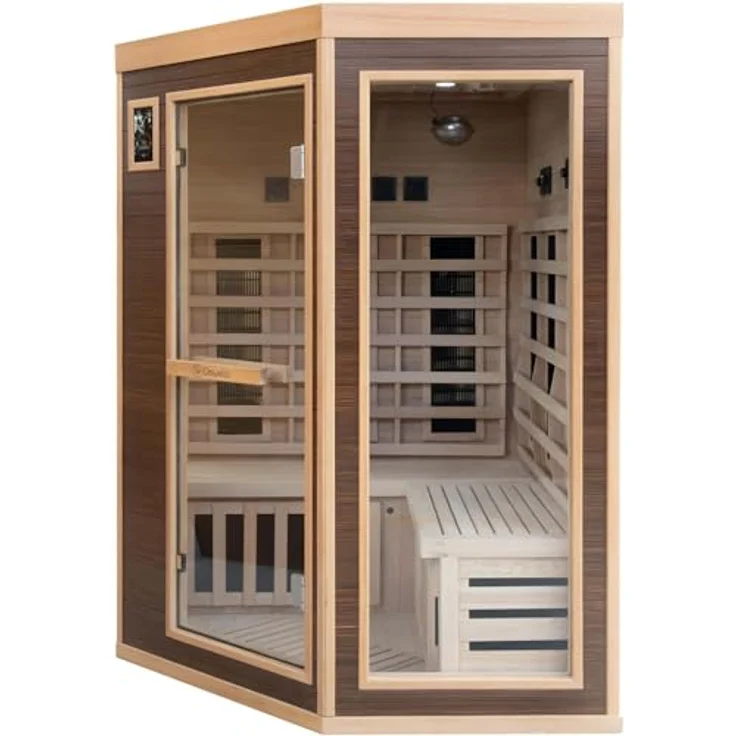 Dewello Infrarotkabine MONTREAL 140 Wärmekabine für 1 Personen, 6 Vollspektrumstrahler, BxTxH: 140 x 140 x 190 cm (Sternenhimmel, Farblichttherapie, Ionisator, Ozondesinfektion, Aromatherapie, Multimedia, USB-Anschluss) - Ebenholz-Look – Bild 3