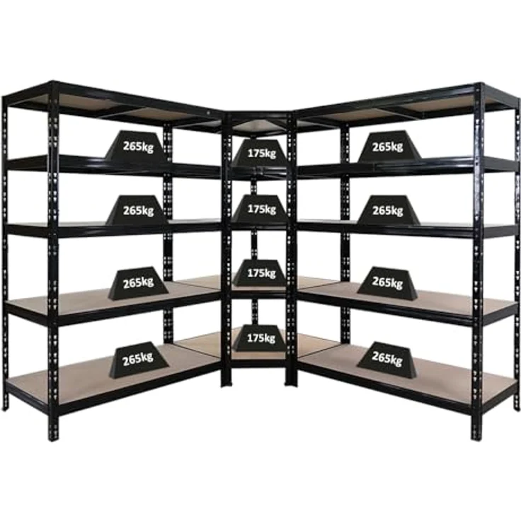 Proregal Eckregal Mega Deal Schwarz + 2x Schwerlastregal Tiger, H 180 cm, B 120 cm, T 60 cm, Traglast 175 kg pro Boden, 5 Böden, einfache Steckmontage – Bild 1