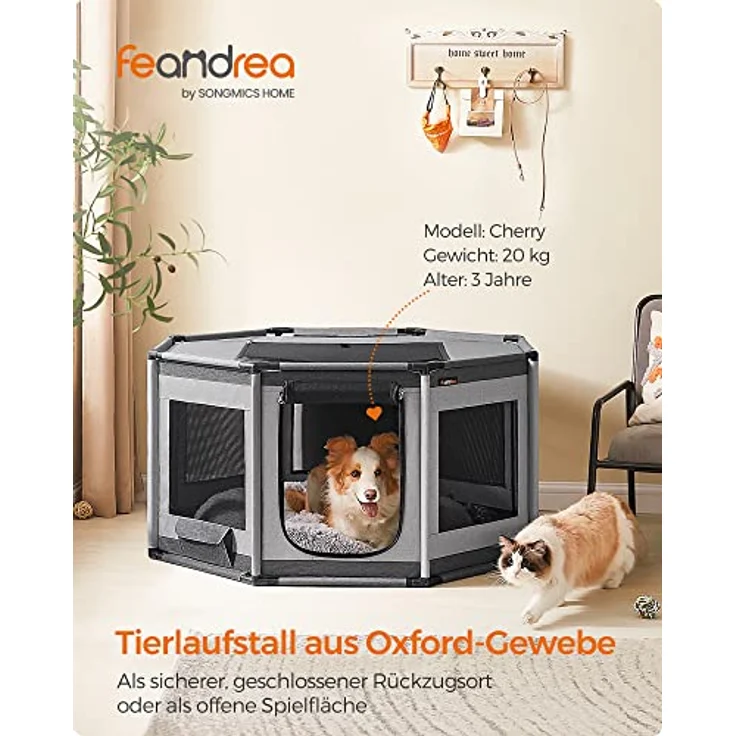 Feandrea Welpenauslauf Oxford-Gewebe, achteckiger Welpenlaufstall L, 112 x 112 x 62 cm, PVC-Rahmen, atmungsaktives Netz, Tasche, Taubengrau-schiefergrau – Bild 3