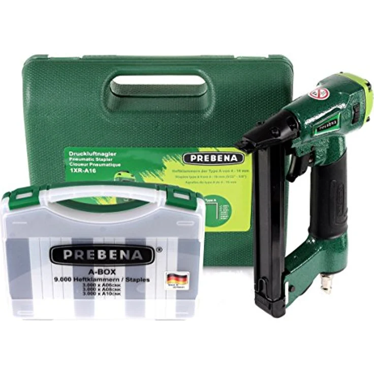 PREBENA Druckluftnagler 1XR A16 Kombi, Set inkl. Heftklammern Typ A, 4-7 bar Arbeitsdruck, 1,6 kg leicht, 270 x 240 x 80 mm – Bild 1
