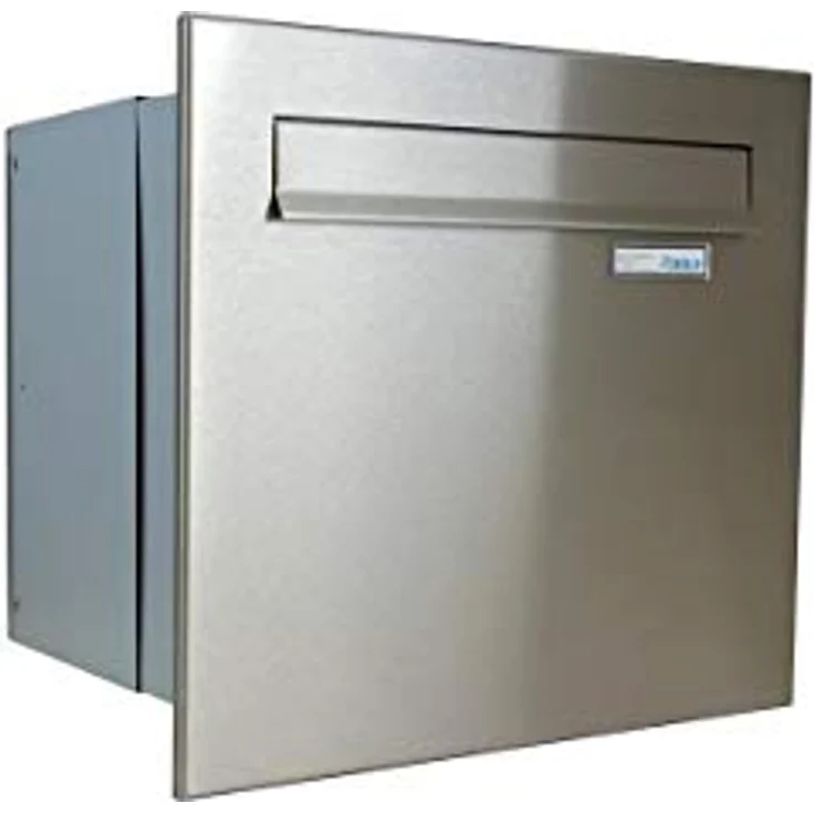 Letterbox24 A-042 Edelstahl Mauerdurchwurf Briefkasten (Variable Tiefe) mit Namenschild, wetterfest und langlebig, V2A Edelstahl, gebürstet – Bild 1