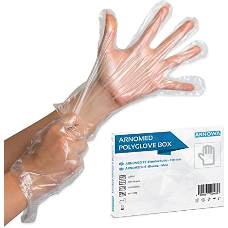 ARNOMED PE-Einmalhandschuhe, 100 Stück transparente, latexfreie Plastikhandschuhe für Lebensmittel, Haare färben und Haushaltshandschuhe – Bild 1