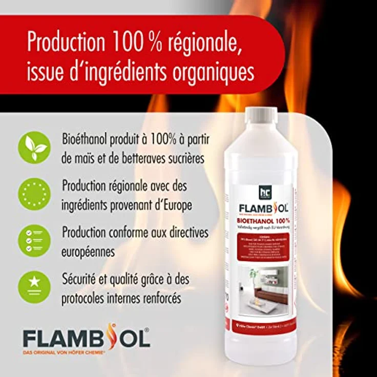 Höfer Chemie 90 L FLAMBIOL® Bioethanol 99,9% Hochrein (9 x 10 L) für Ethanol Kamin, Ethanol Feuerstelle und Bioethanol Kamin – Bild 5