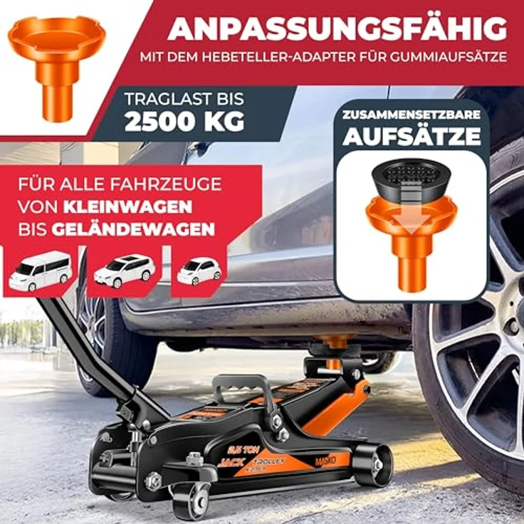 Masko Wagenheber hydraulisch Flache Hubhöhe + 2x Gummiauflage + Handschuhe, KFZ Rangierwagenheber hydraulischer 360° Rollen Heber Unterstellbock, 2.5 Tonnen, in Rot – Bild 7