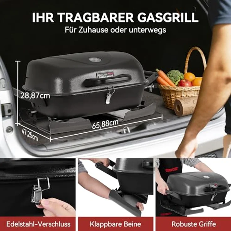 Royal Gourmet Gasgrill TBQ-1250, tragbarer Tischgasgrill mit 3,5 kW, klappbaren Beinen und Thermometer, für Garten und Balkon – Bild 4