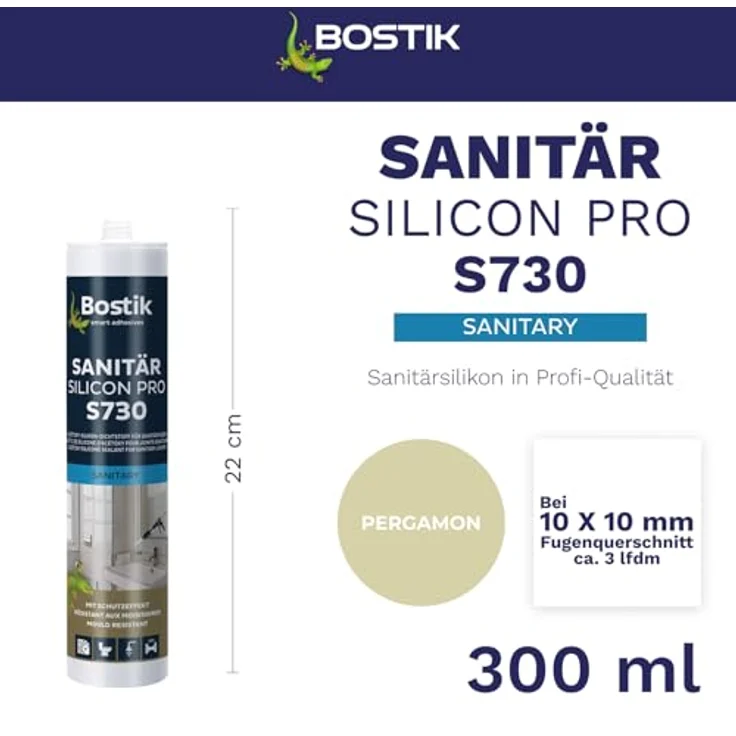 BOSTIK S730 Sanitär Silikon Pro, elastisches und chemikalienbeständiges Dichtmittel, 300ml, Farbe Pergamon – Bild 2