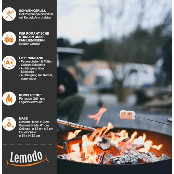 Feuerschale mit Holzkohlegrillrost, Schwenkgrill, 55 cm – Bild 6