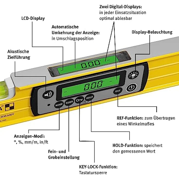 STABILA Elektronik-Wasserwaage TECH 196 DL - digitale Wasserwaage wasser- und staubdicht nach IP 67, 2 Digital-Displays, kalibrationsfrei mit Tasche, 61 cm – Bild 5