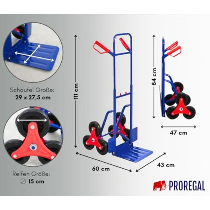 PROREGAL® Sackkarre ODIN Traglast 200kg HxBxT 119x55x44cm Lufträder Blau - Treppensteiger mit 200 kg Tragkraft und innovativem klappbaren Design – Bild 6