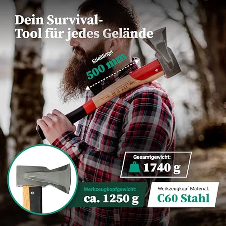 Adler Spaltbeil inkl. Lederschutz: Robustes Holzbeil aus C60-Stahl, 50cm Hickorystiel, Anti-Rutsch, rot/schwarz, 1250g – Bild 2
