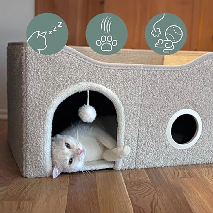 hjh LIVING Pawy Eb Katzenkorb, eckiges Hundebett + Katzenbett mit faltbarem Design, stabiler Konstruktion und Kratzbrett, Bouclé-Stoff, inklusive Teddy-Kissen – Bild 2