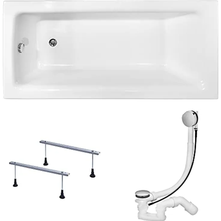 KOLMAN Badewanne TALIA Rechteck 110x70 ohne Verkleidung, Komplettset 3in1 Premium Acryl Wanne Siphon, weiß