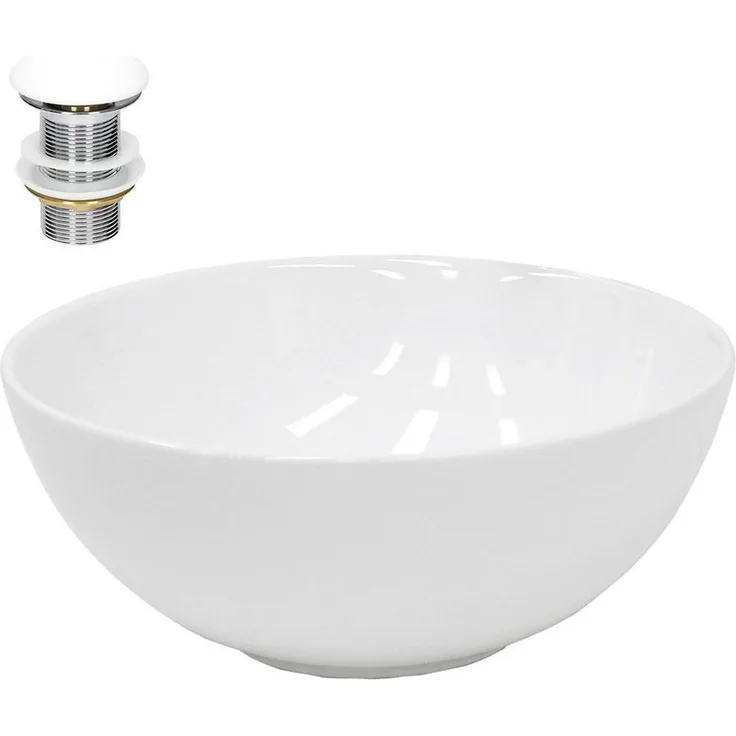 LuxeBath Waschbecken Aufsatzwaschbecken aus Keramik Einbaubecken Wasserfall, Aufsatzwaschtisch Weiß inkl. Ablaufgarnitur ohne Überlauf