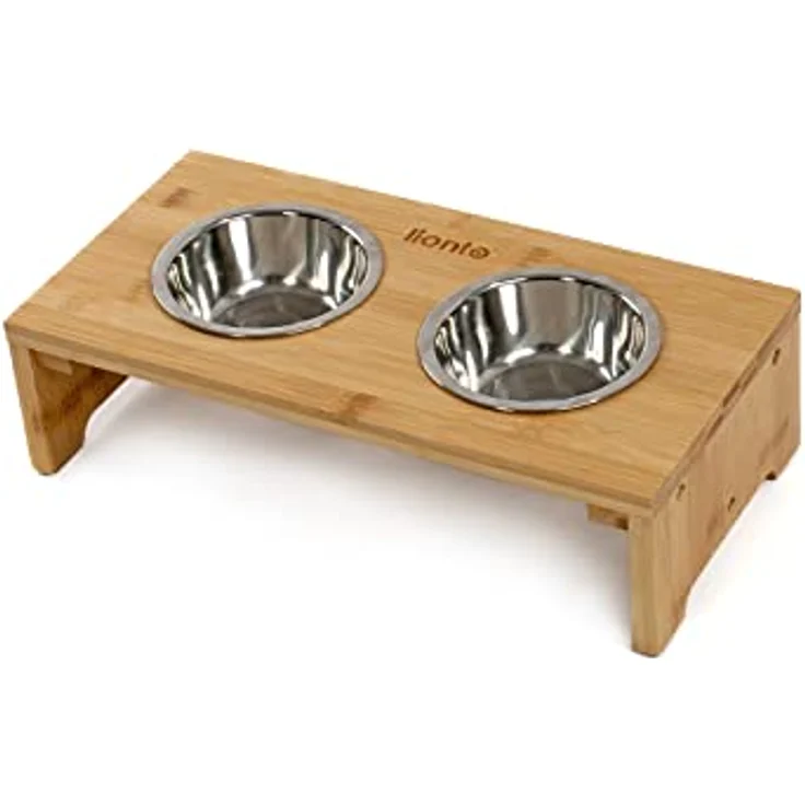 lionto erhöhter Hundenapf Futterstation für Hunde Futterbar für Haustiere aus Bambus 2 Näpfe aus Edelstahl rutschfest, (S) 40x20x10 cm – Bild 1