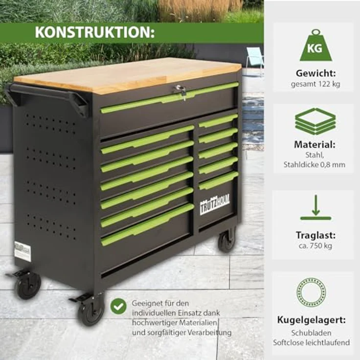 TRUTZHOLM Werkstattwagen Star XL 12 Schubladen Stahl schwarz/grün 103 x 112 cm max. Traglast: 750 kg, verschließbare Schubladen, robustes Design – Bild 3