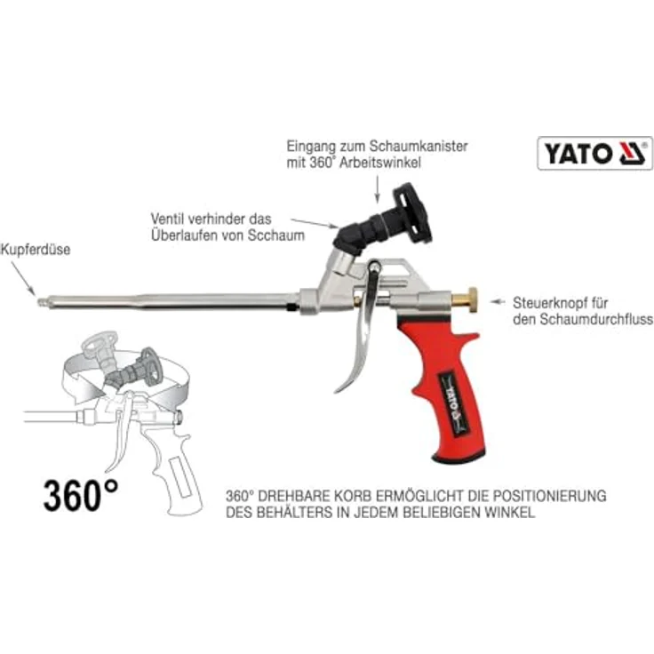 Yato PU Schaumpistole, Bauschaumpistole mit 360° Schwenkkorb, 315 mm Länge, Aluminium, PTFE-beschichtet – Bild 4