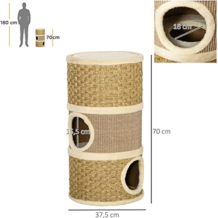 PawHut Katzenkratzbaum Kratztonne für Katzen 3 Ebenen Katzenbaum Kletterbaum Katzenmöbel mit Sisal Plüsch 37,5 x 37,5 x 70 cm – Bild 3