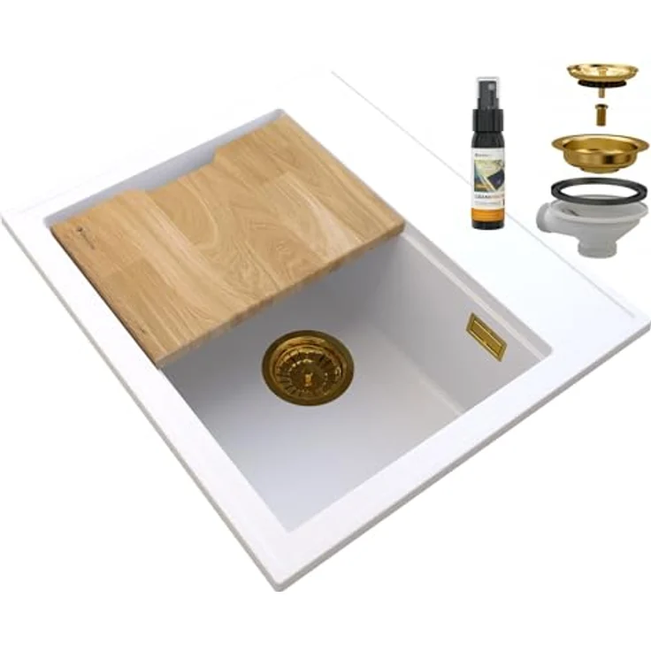 Granitan SALIX Küchenspüle, Granit Unterbauspüle mit manuellem Siphon, langlebig und temperaturbeständig, inkl. Spülenabdichtung und Küchenbrett aus Holz – Bild 1