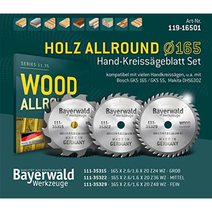 HOLZ ALLROUND Bayerwald Kreissägeblatt Set Ø 165 (3 tlg.) - Für Holz Längsschnitt, Tischlerplatten, Profilleisten etc. - Geeignet für Handkreissägen u.a. mit Bosch GKS 165, GKS 55 / Makita DHS630Z – Bild 2