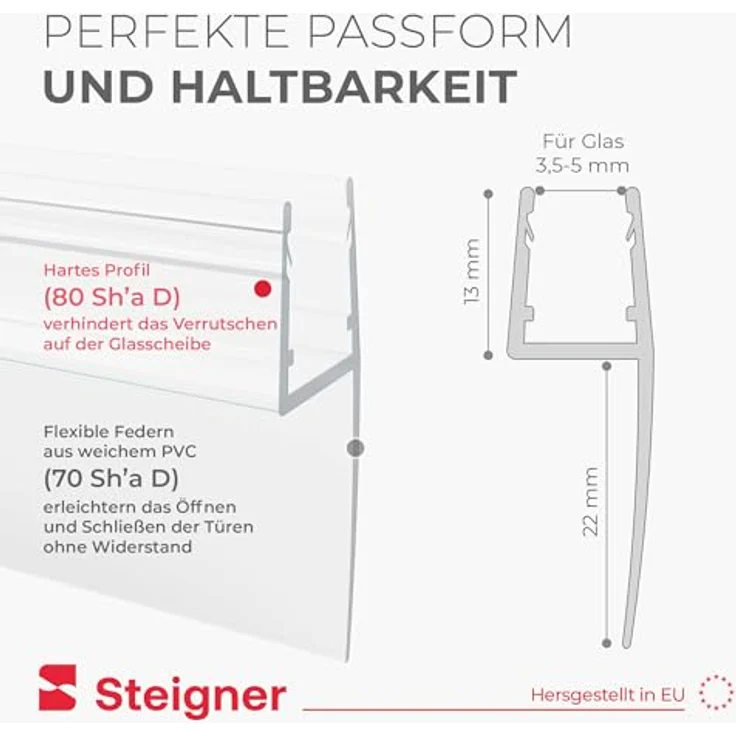 STEIGNER Duschtürdichtung 80 cm UK04 - Gerade Dichtung für Eckeinstieg oder Fünfeckdusche, 3,5-5 mm Glasdicke, Transparent, Wasserdicht, Einfache Montage – Bild 5