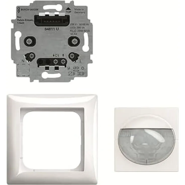Busch-Jaeger Bewegungsmelder 13-180° UP ws glz IP20 BWM Fernbedienbar 2300W, Einbaufertiges Set zur Unterputzmontage