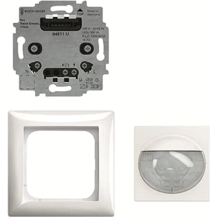 Busch-Jaeger Bewegungsmelder 13-180° UP ws glz IP20 BWM Fernbedienbar 2300W, Einbaufertiges Set zur Unterputzmontage